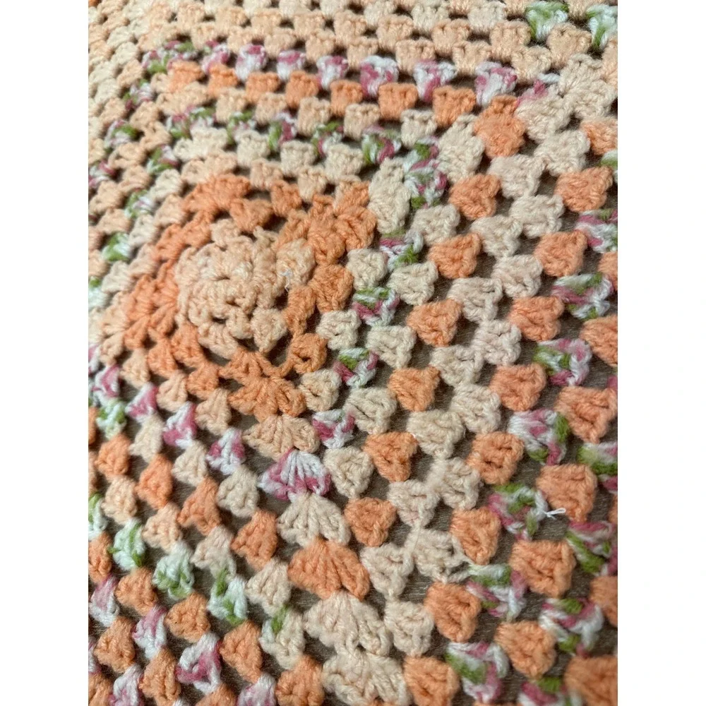 Handmade Crochet Granny Square Baby Blanket Peach Pink Green Multi Color 24x24